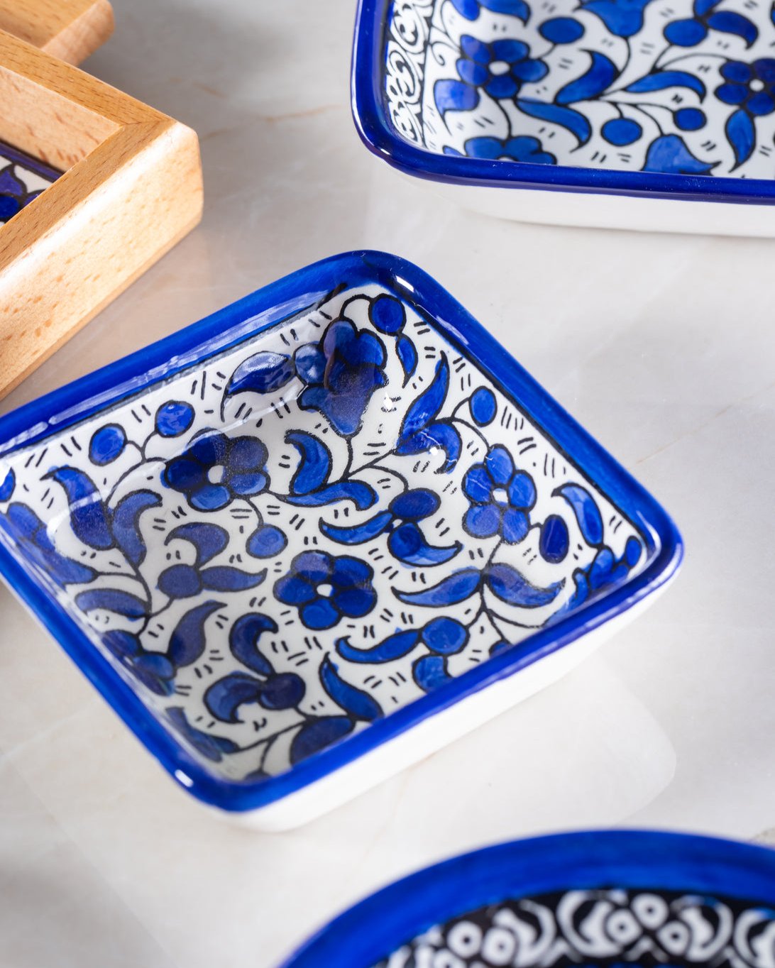 Square Side Dishes – Hand-Painted Palestinian Ceramic | Multicolor & Navy