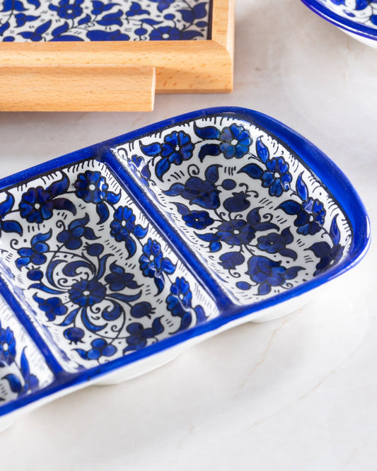 Triple Dip Platter – Hand-Painted Palestinian Ceramic | Multicolor & Navy