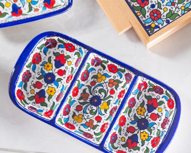 Triple Dip Platter – Hand-Painted Palestinian Ceramic | Multicolor & Navy
