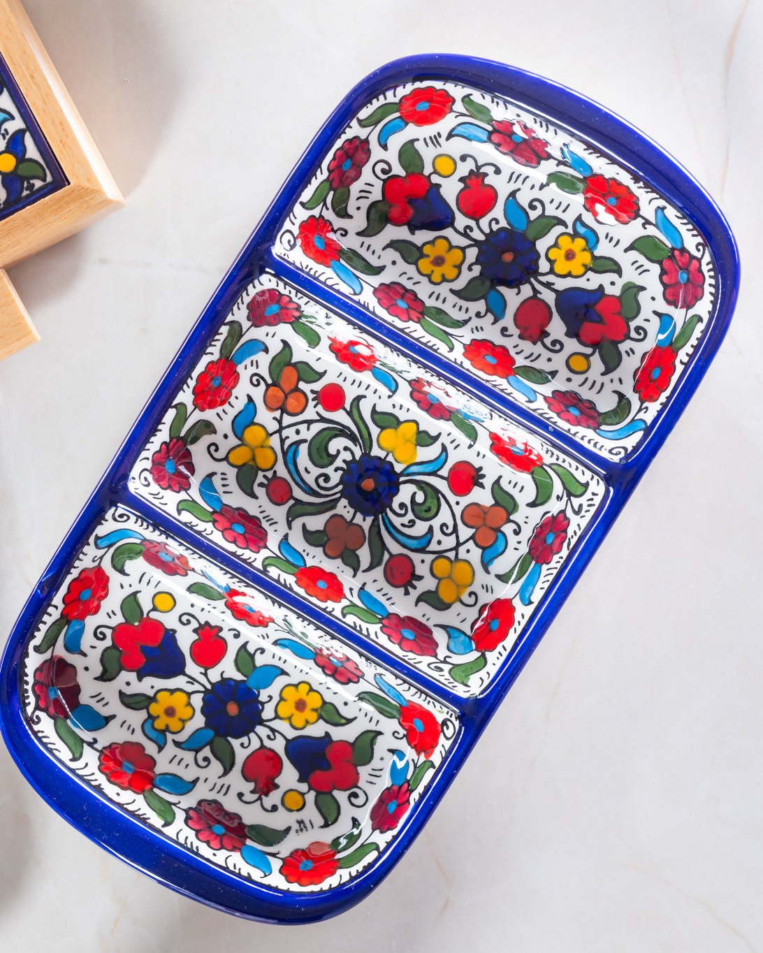 Triple Dip Platter – Hand-Painted Palestinian Ceramic | Multicolor & Navy