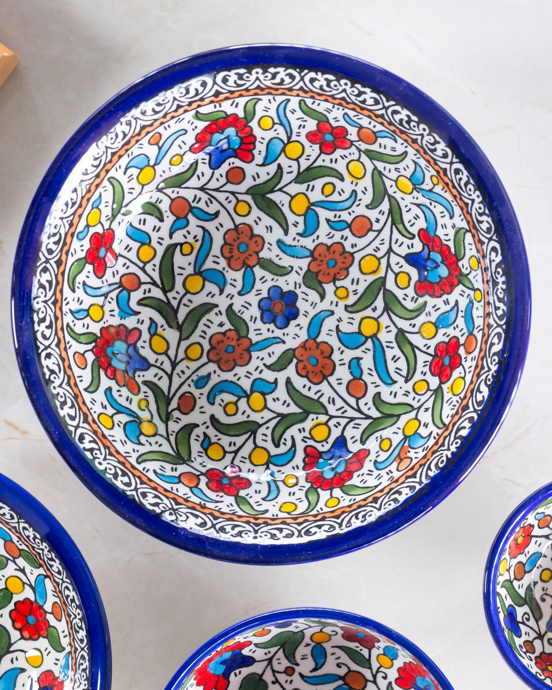 Dishes (Low Bowl) | Medium & Large – Hand-Painted Palestinian Ceramic | Multicolor & Navy