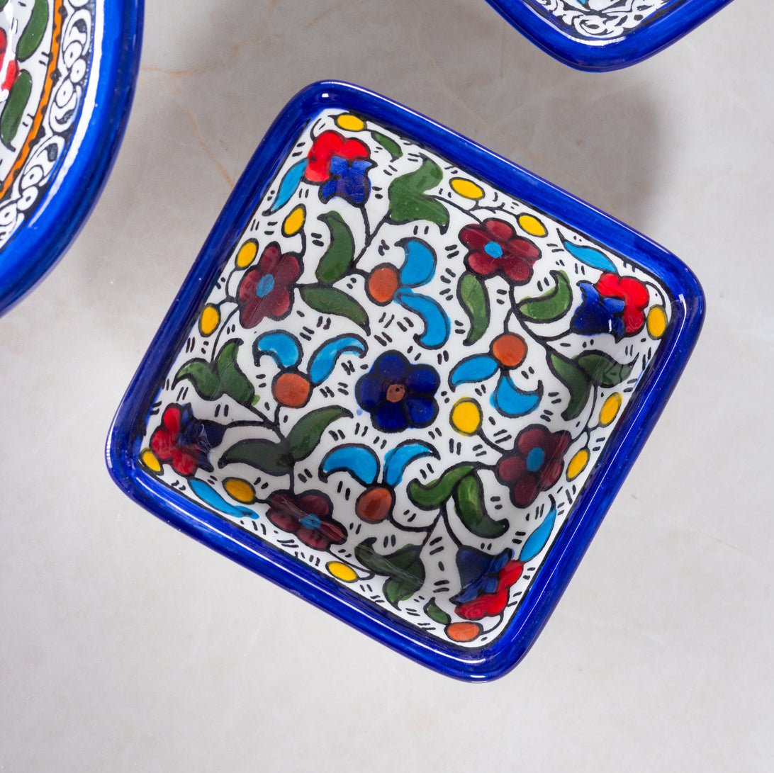 Square Side Dishes – Hand-Painted Palestinian Ceramic | Multicolor & Navy