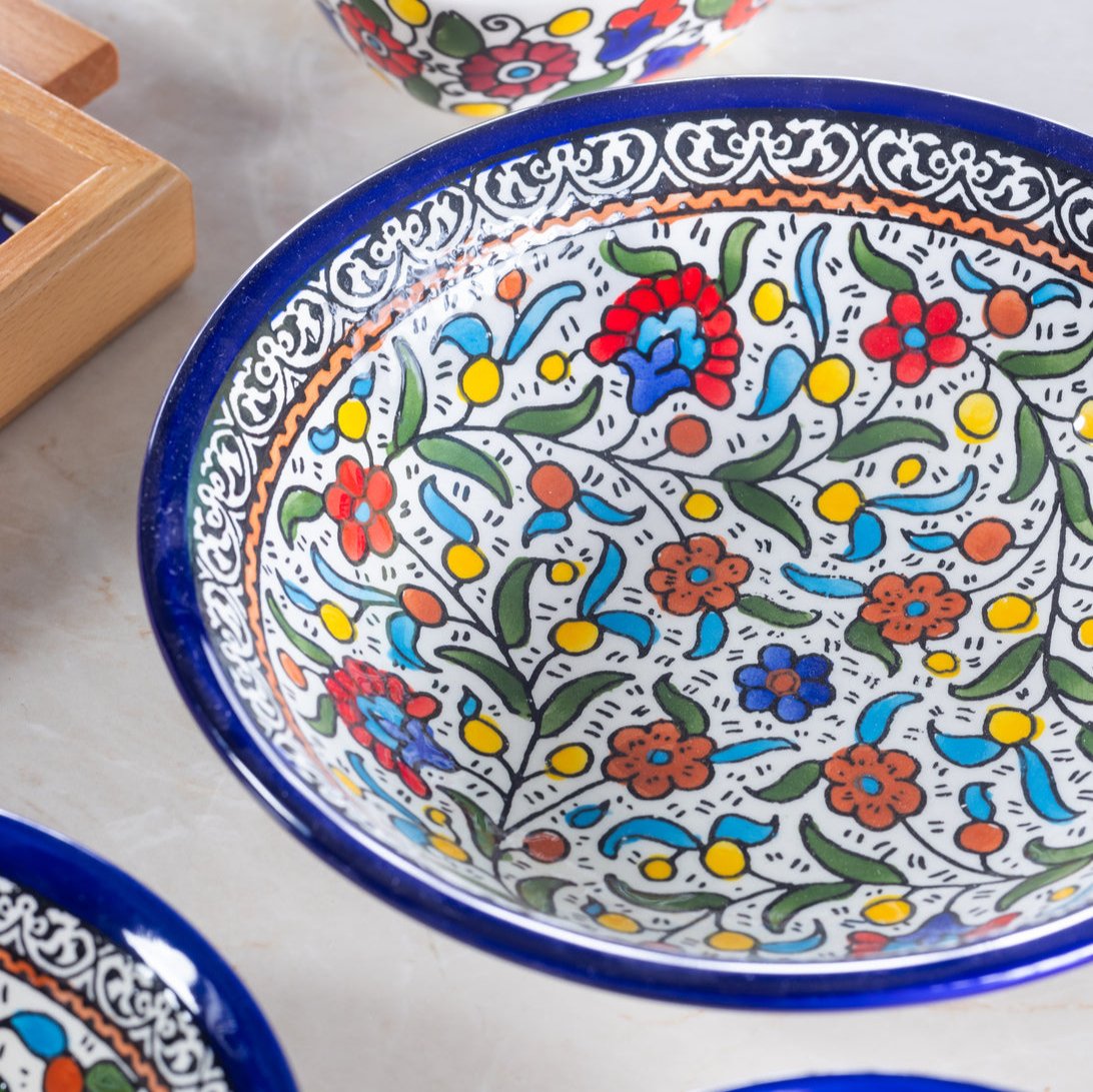 Dishes (Low Bowl) | Medium & Large – Hand-Painted Palestinian Ceramic | Multicolor & Navy