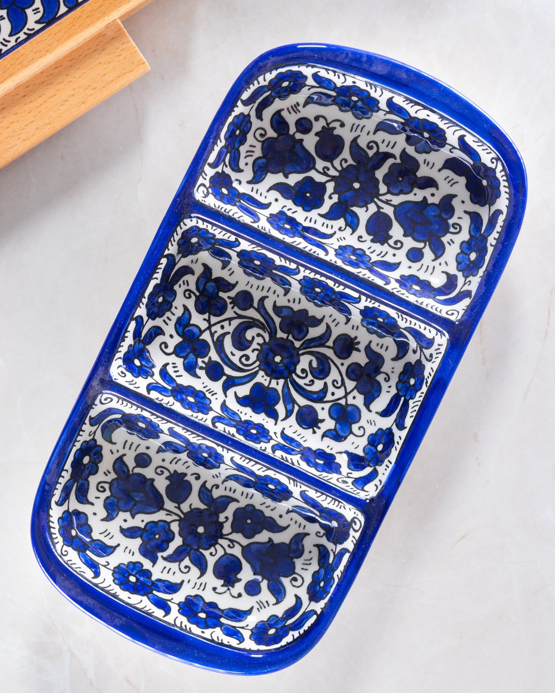 Triple Dip Platter – Hand-Painted Palestinian Ceramic | Multicolor & Navy