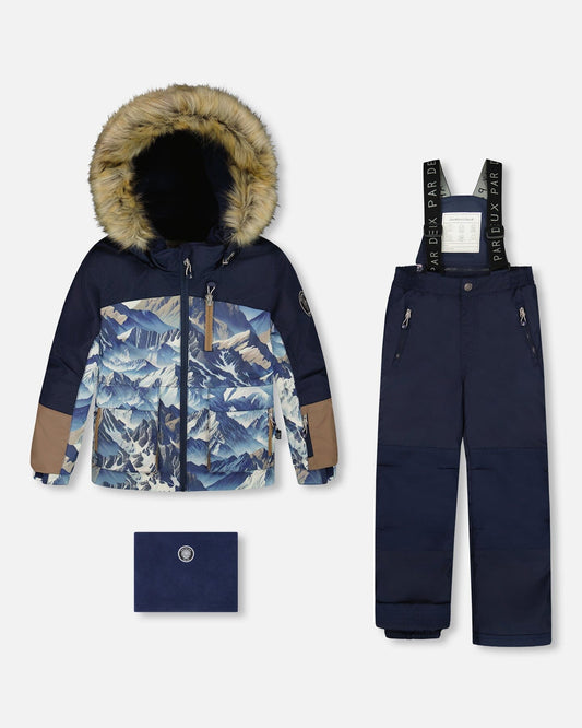 Two-Piece Play Snowsuit With Printed Colorblocked Jacket Navy Blue