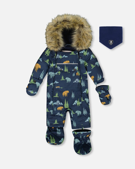 One-Piece Baby Play Snowsuit Designed For Car Seat Navy Animal Print