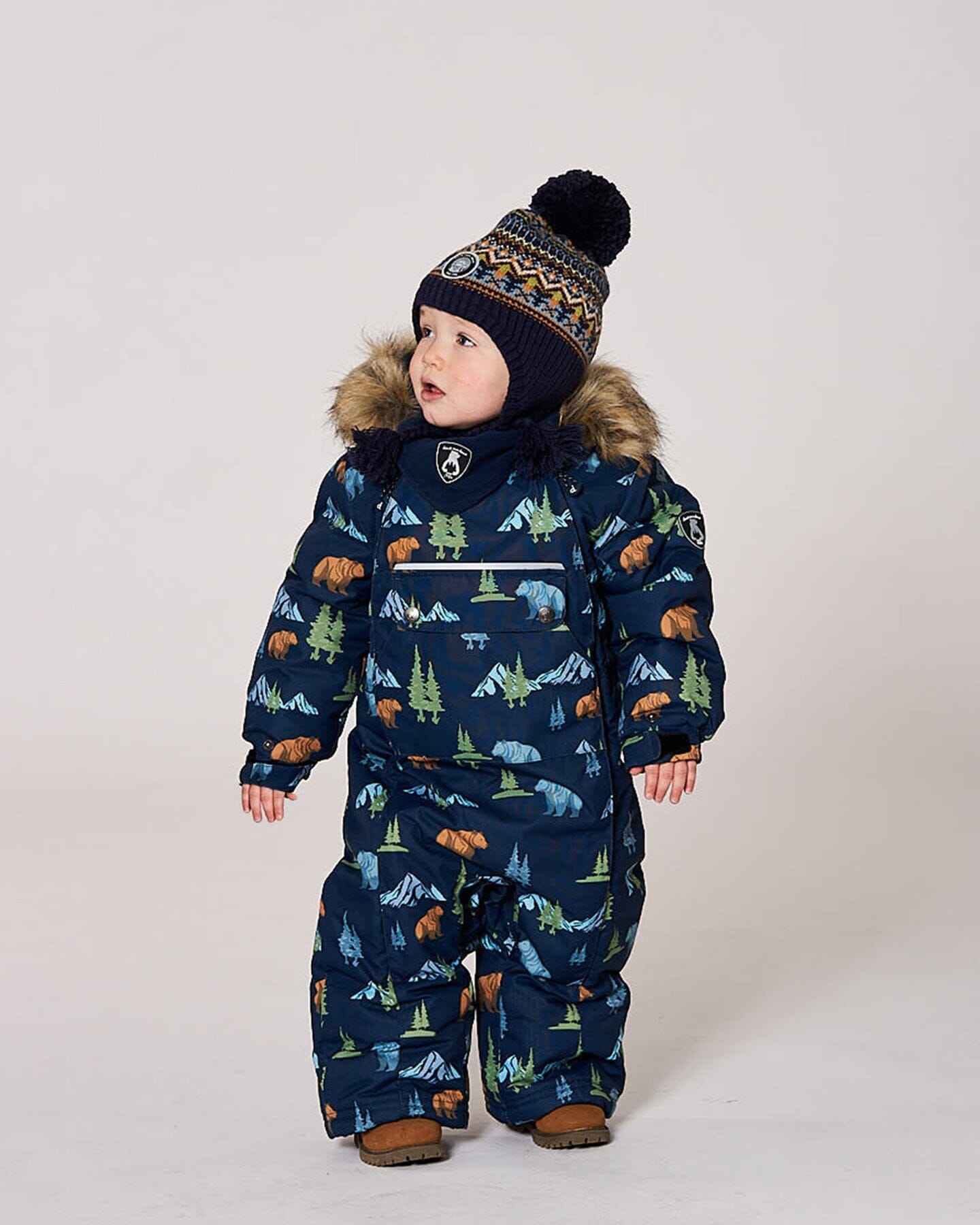 One-Piece Baby Play Snowsuit Designed For Car Seat Navy Animal Print