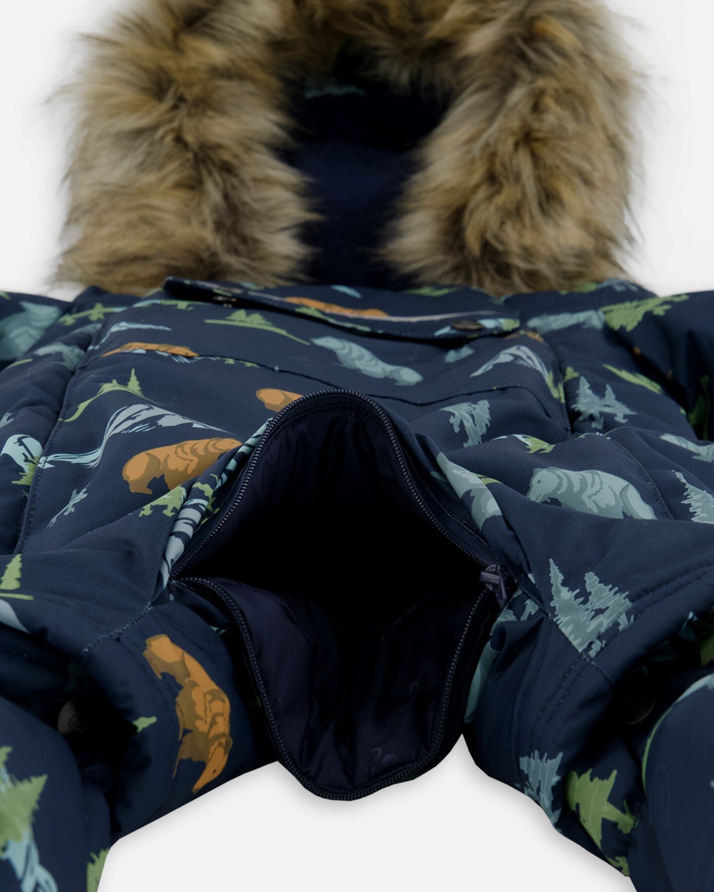 One-Piece Baby Play Snowsuit Designed For Car Seat Navy Animal Print