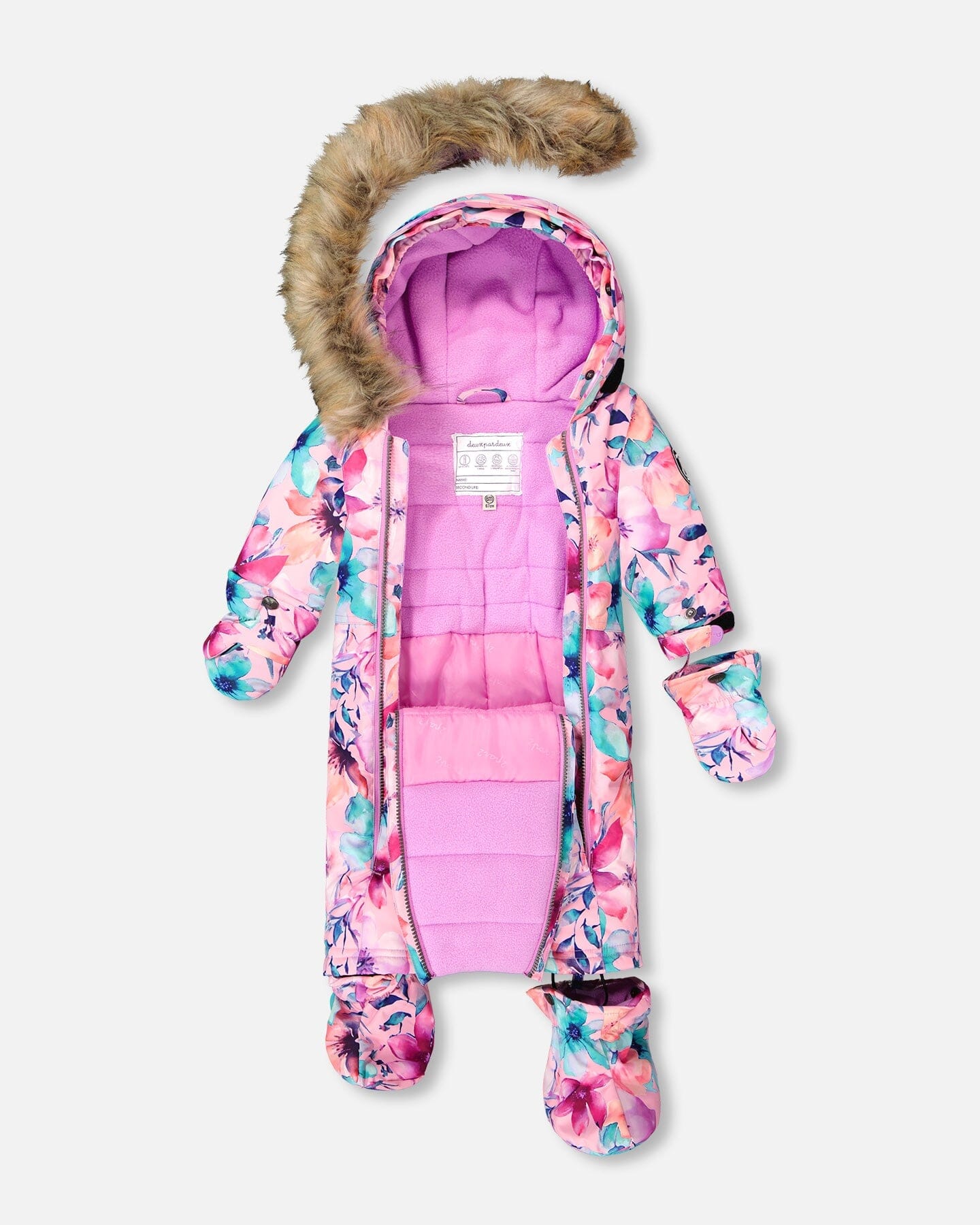 One-Piece Baby Play Snowsuit Designed For Car Seat Pink Watercolor Flower Print
