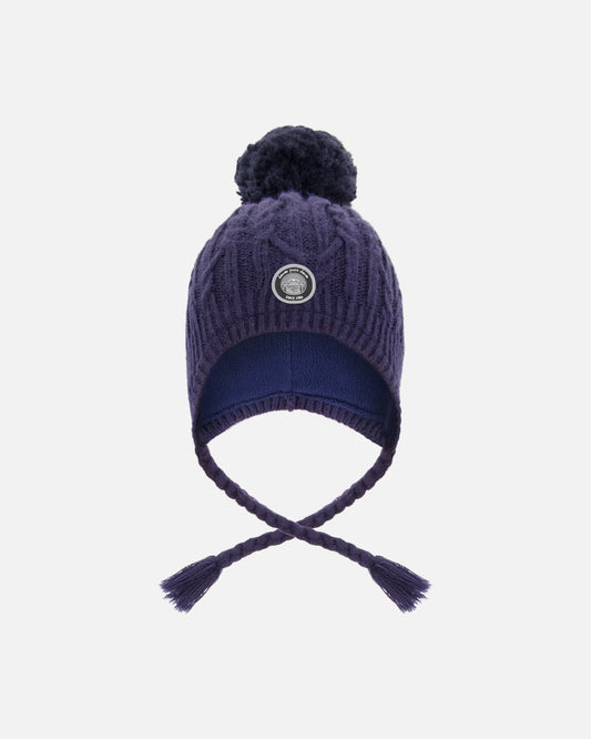 Lined Winter Hat With Pompom Navy Blue