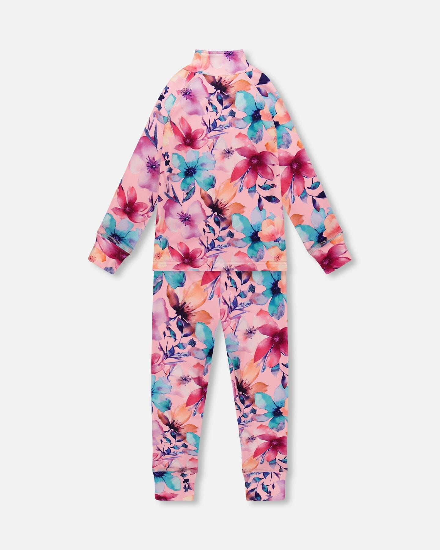 Two-Piece Thermal Underwear Set Pink Watercolor Flower Print