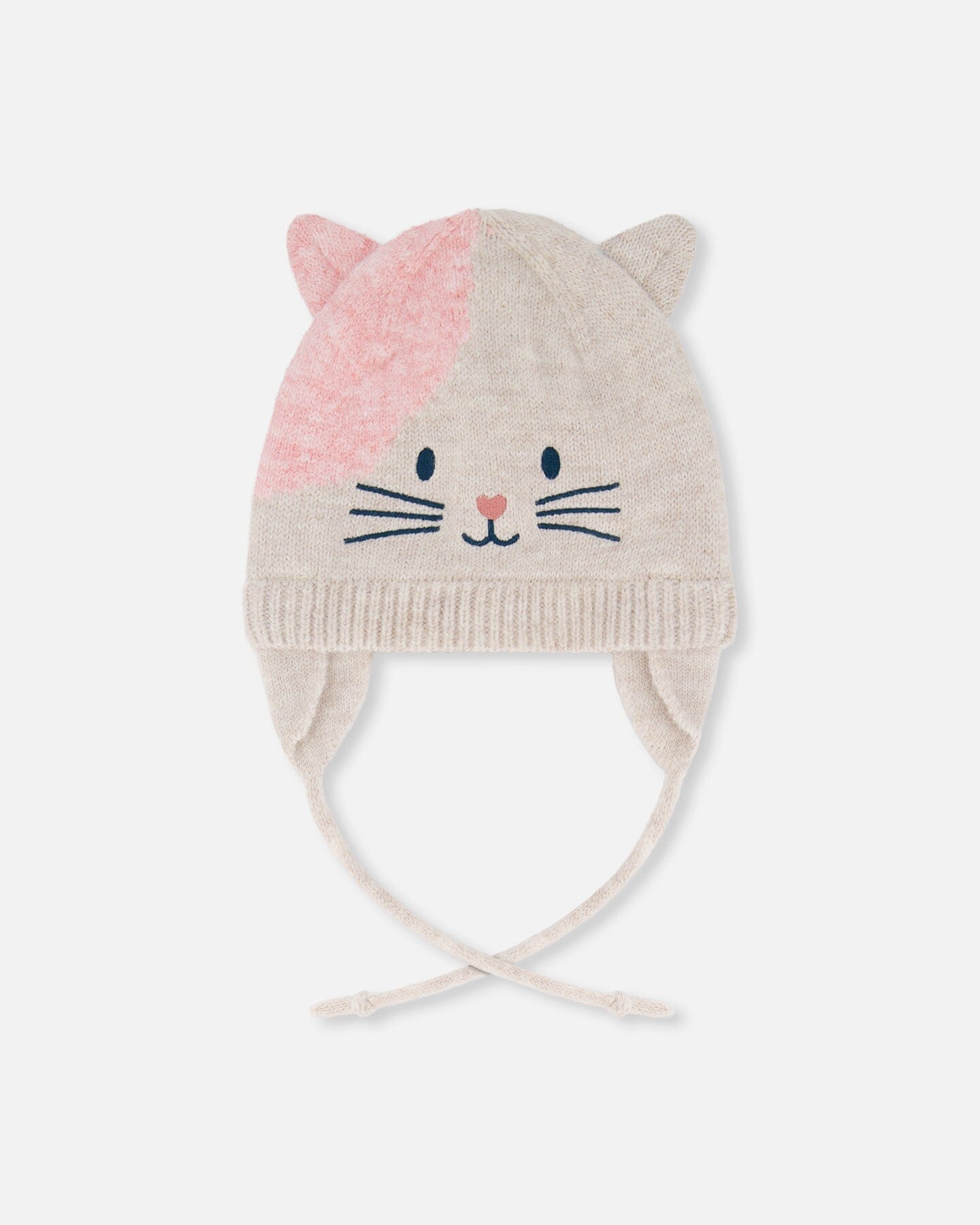 Lined Knit Hat With Ears Off-White And Pink
