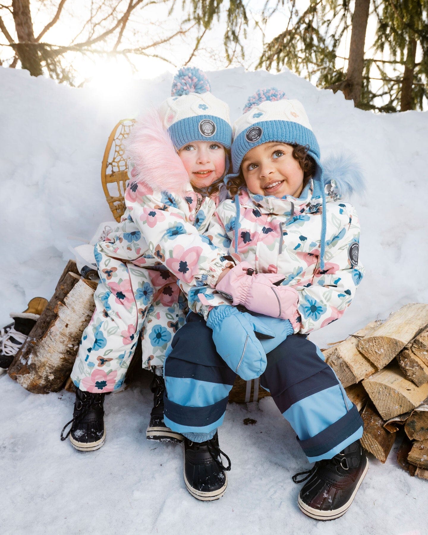Lined Knit Hat With Ears Off-White And Blue