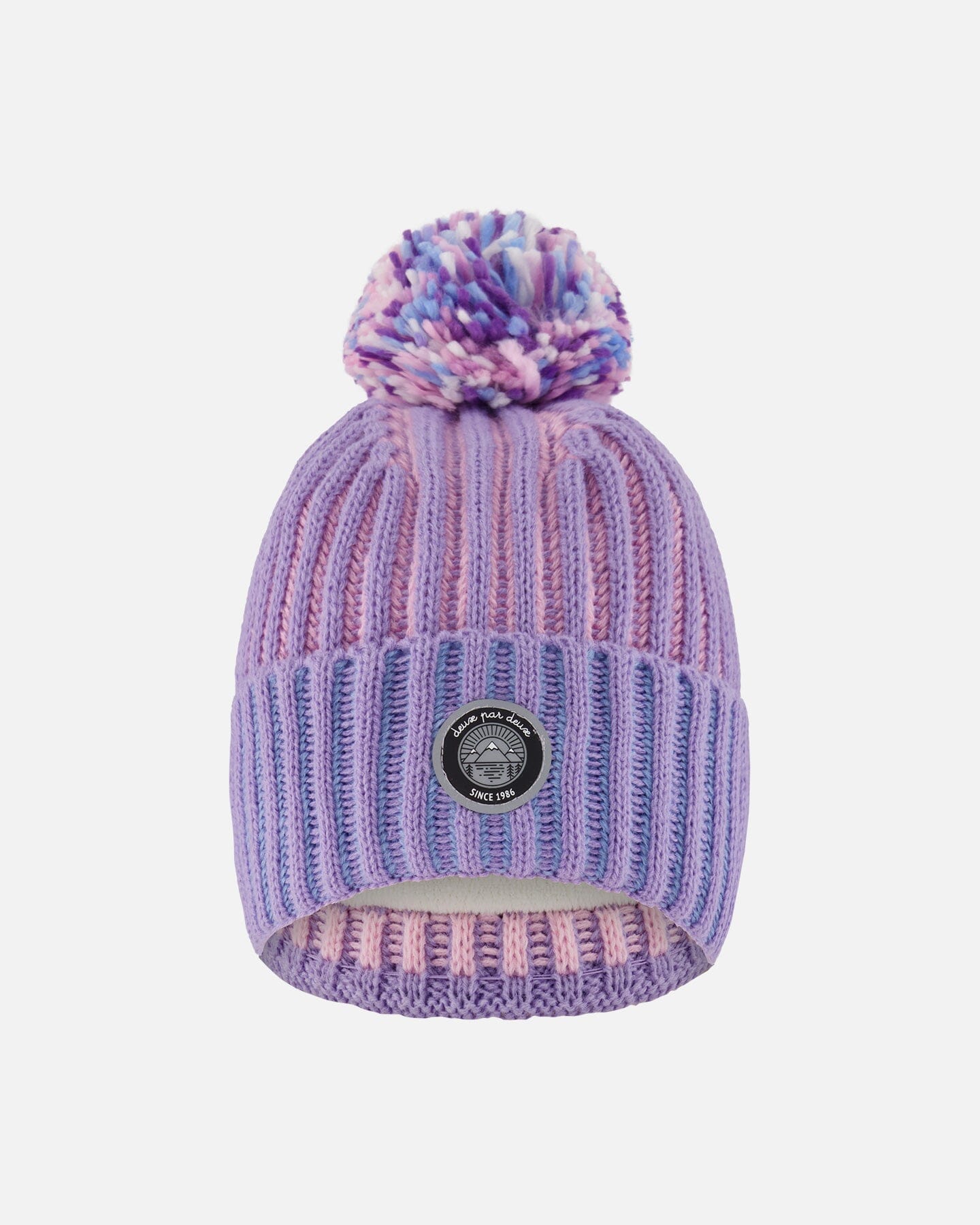 Lined Knit Pompom Hat Blue, Purple And Pink