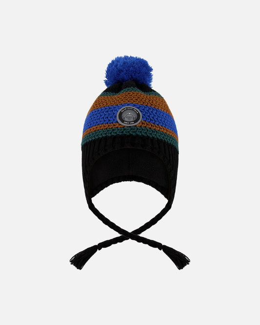 Lined Peruvian Knit Pompom Hat Black, Blue And Brown
