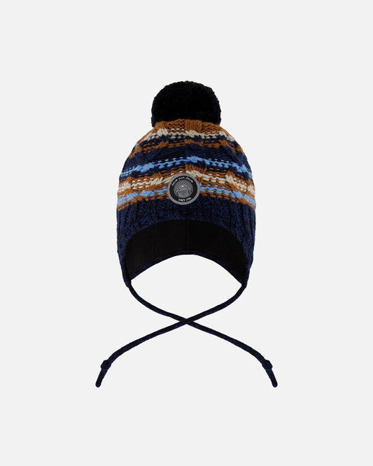 Lined Peruvian Knit Winter Hat With Pompom Taupe And Navy