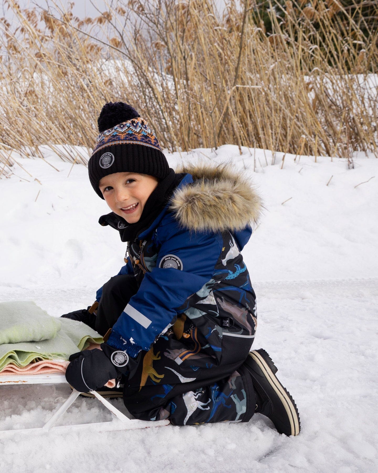 Lined Knit Winter Hat With Pompom Taupe And Navy