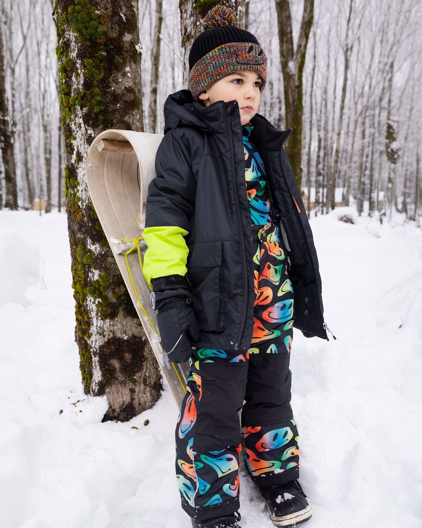 Lined Knit Winter Hat With Pompom Black And Multicolor