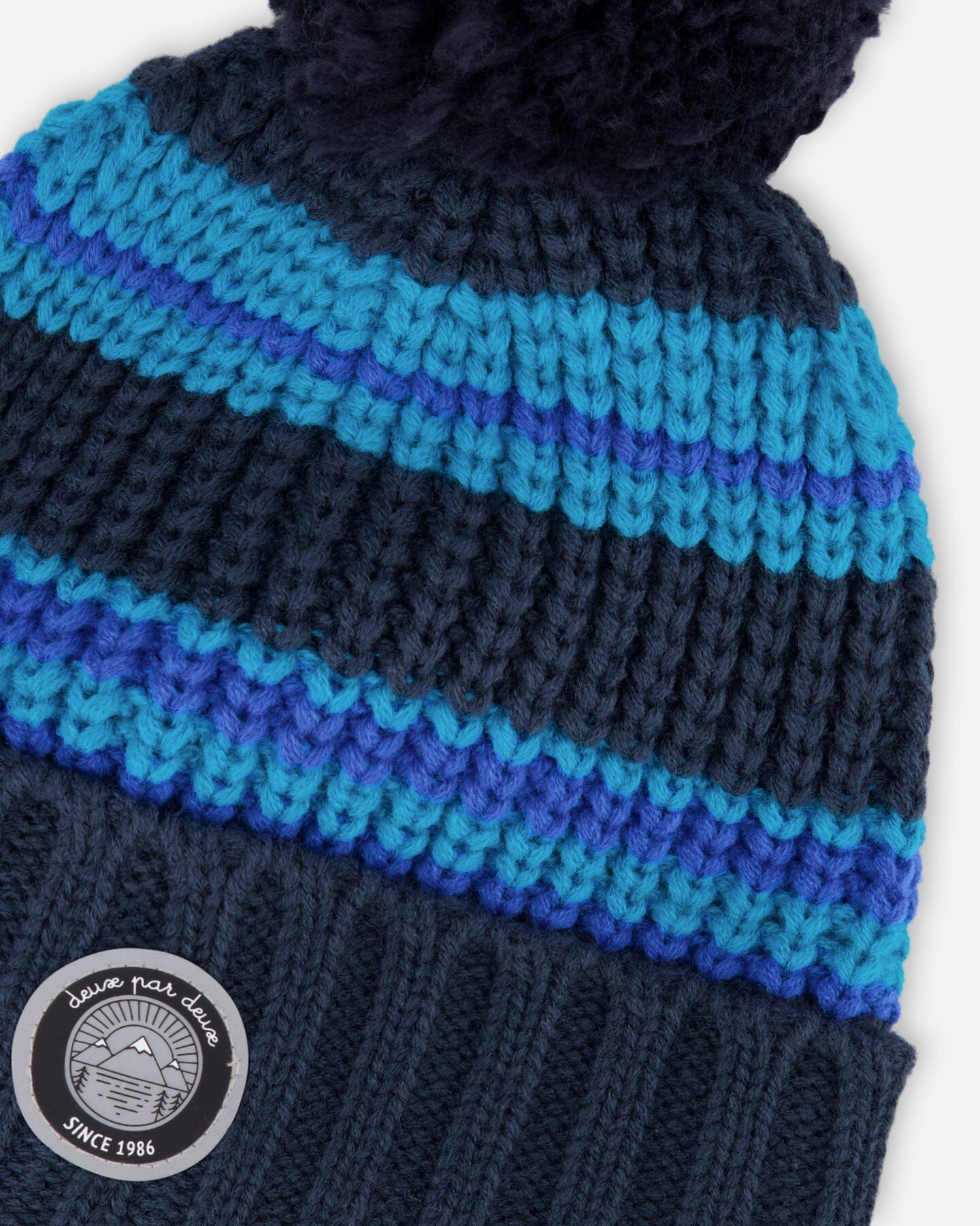 Lined Knit Winter Hat With Pompom Black And Blue