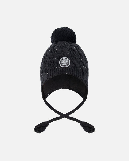 Winter Peruvian Knit Hat With Pompom And Lining Black