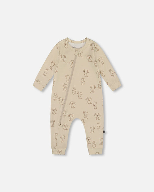 Organic Cotton Zipped Romper Beige Puppy Print