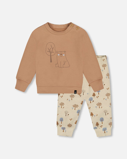 Organic Cotton Pant And Top Set Beige Tree Print