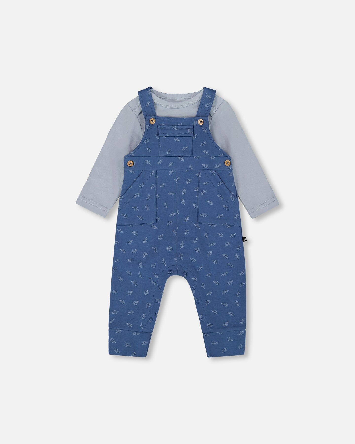 Organic Cotton Onesie And Overalls Set Blue Leaf Print