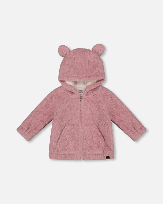 Hooded Full Zip Cat Plush Jacket Dusty Pink