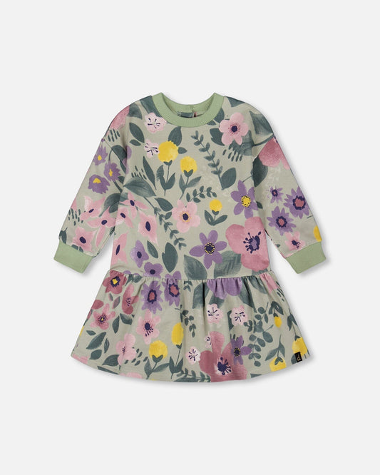 Stretch Fleece Dress Sage Floral