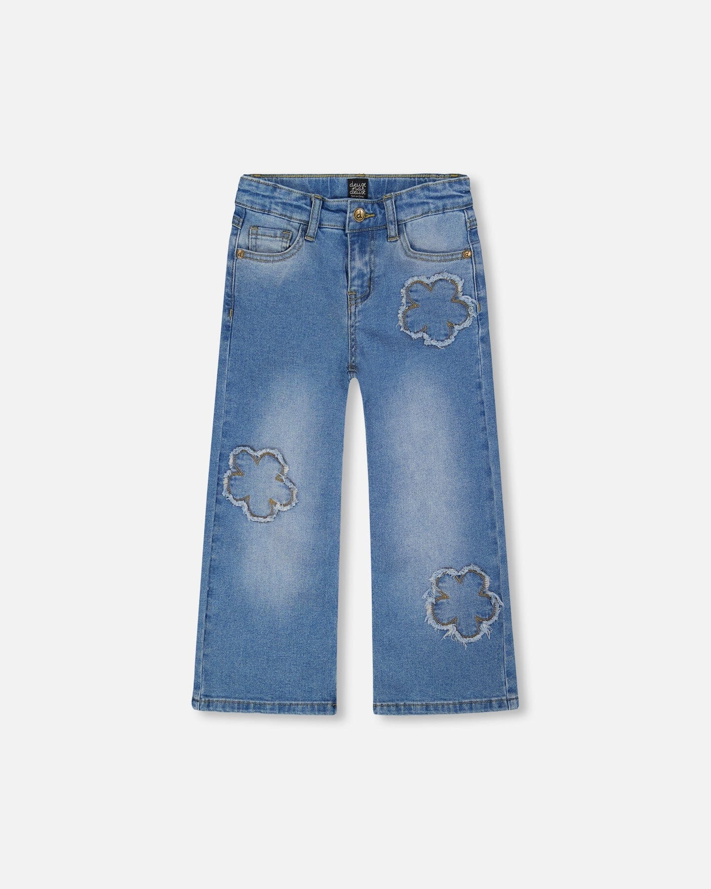 Wide Leg Stretch Light Blue Denim Jeans With Flower Stitching