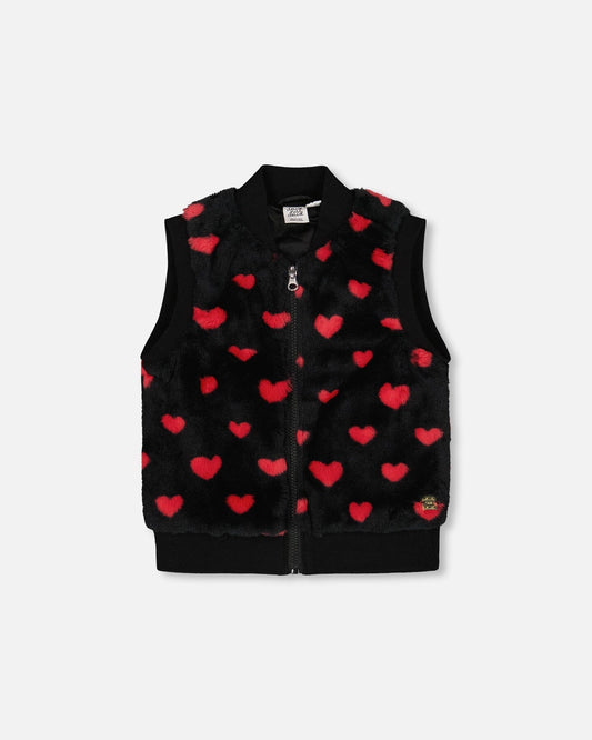 Faux Fur Sleeveless Vest Black And Red With Hearts