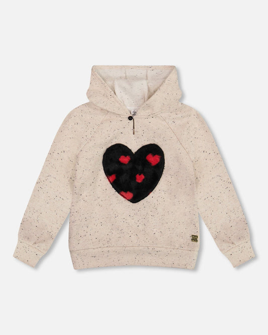 Glittering Beige French Terry Hoodie With Heart Applique