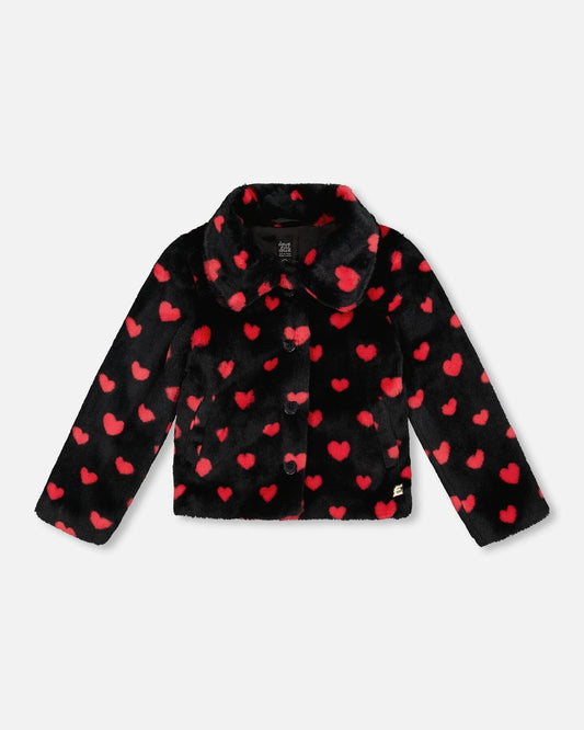 Faux Fur Short Coat Black And Red With Hearts