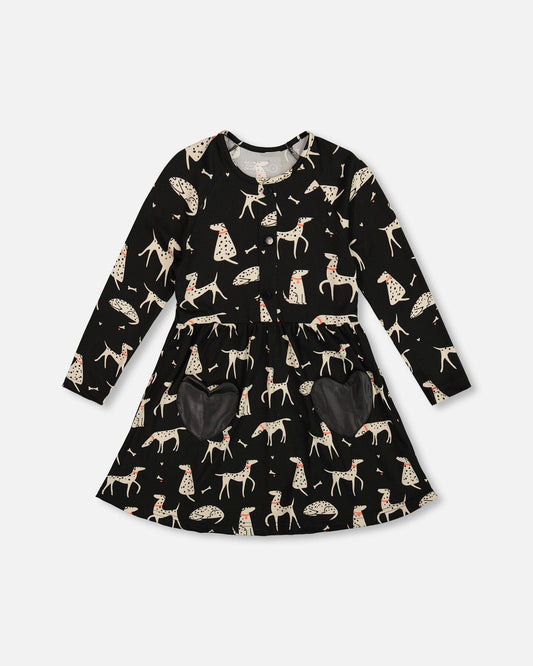 Half Button Jersey Dress Black Dalmatian Print