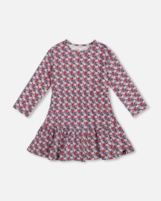 Organic Cotton Dress With Flounce Hem Blue Apple Print
