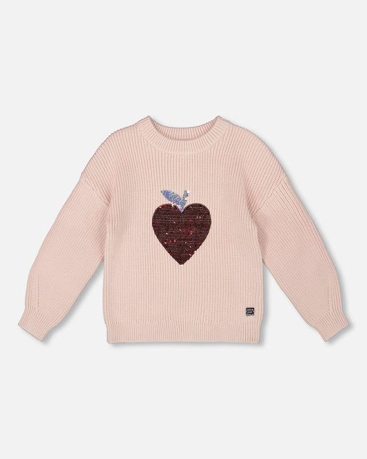 Knit Sweater Pinkish White With Sequin Heart