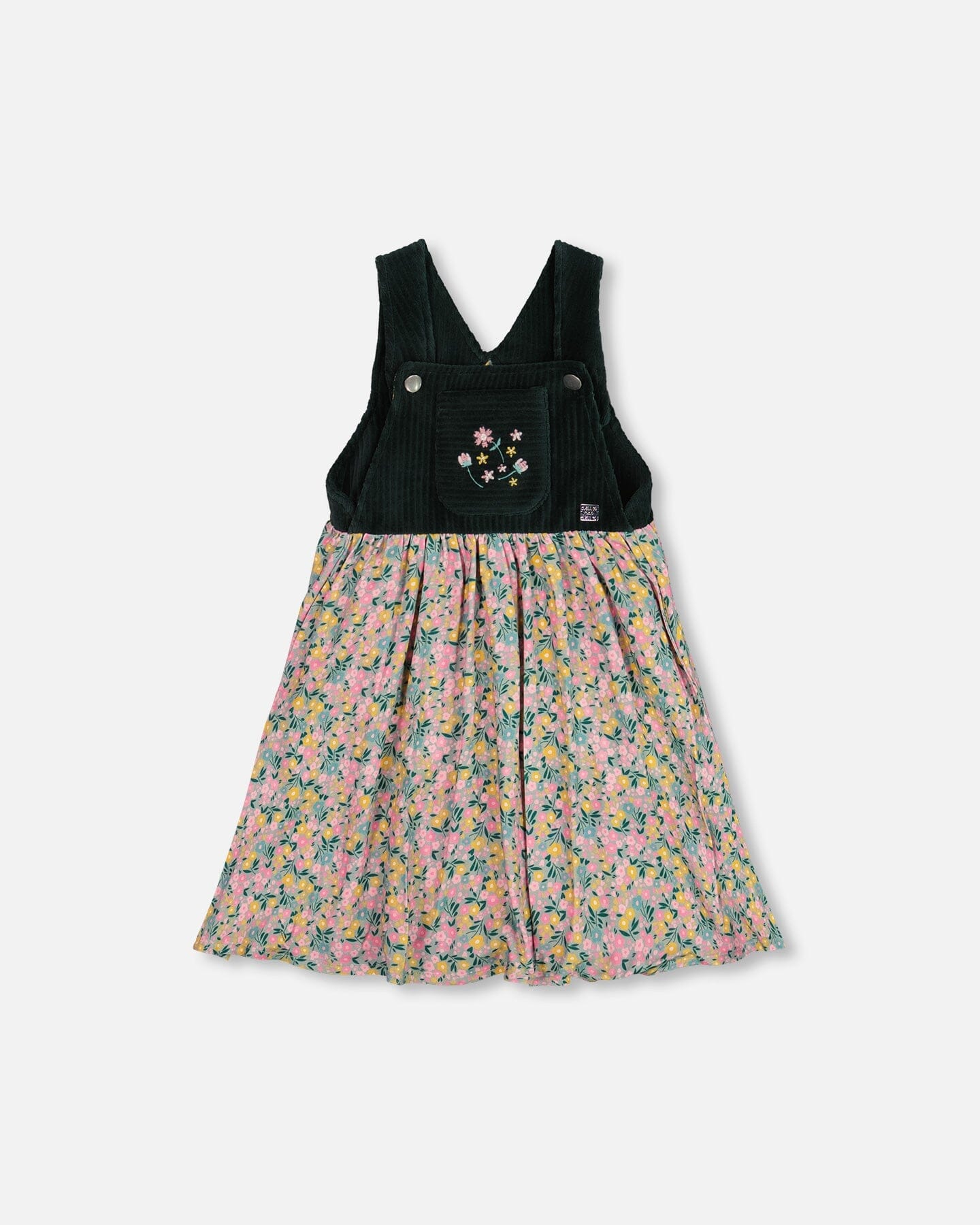 Bi-Material Overall Dress Green With Flower Print