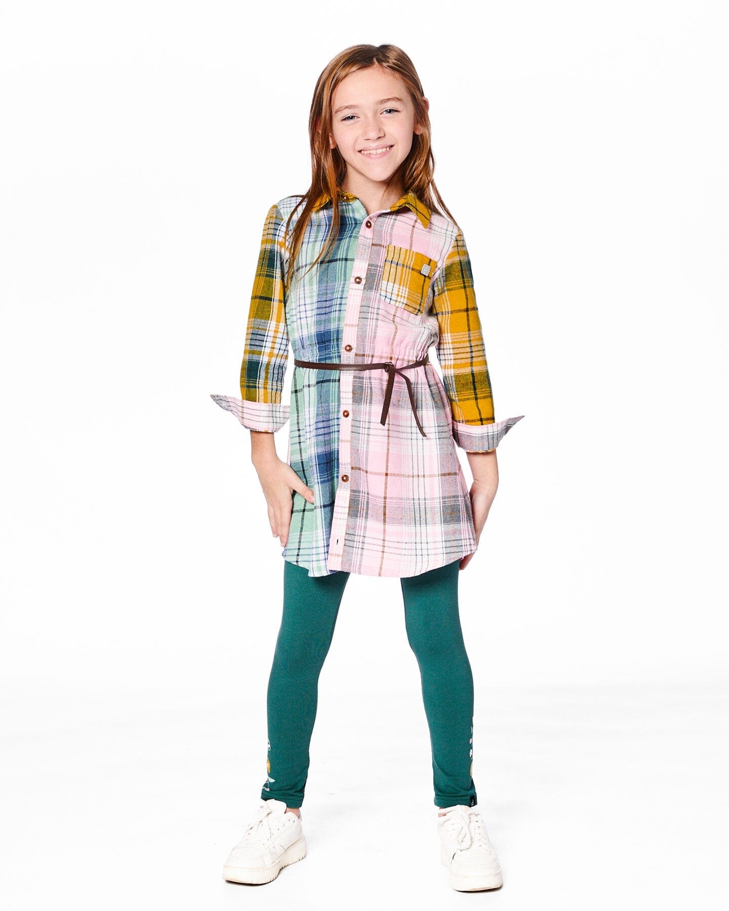 Shirt Dress With Belt Green Pink And Yellow