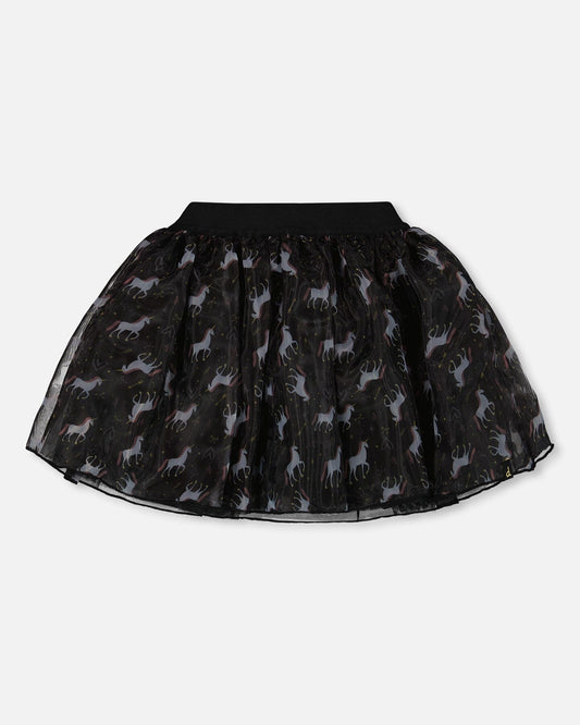 Organza And Mesh Skirt Black With Unicorn Print