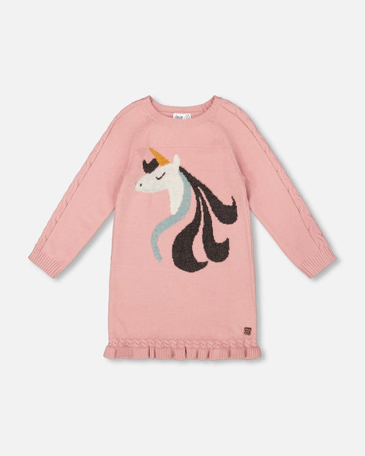 Knitted Dress Dusty Pink With Unicorn Intarsia