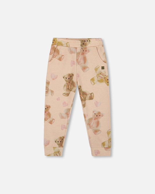 Glittering French Terry Sweatpants Beige Teddy Bear Print