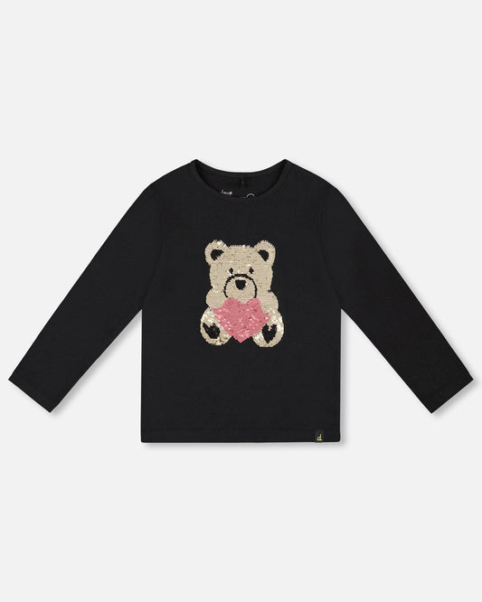 Black Organic Cotton T-Shirt With Reversible Sequin Teddy Bear