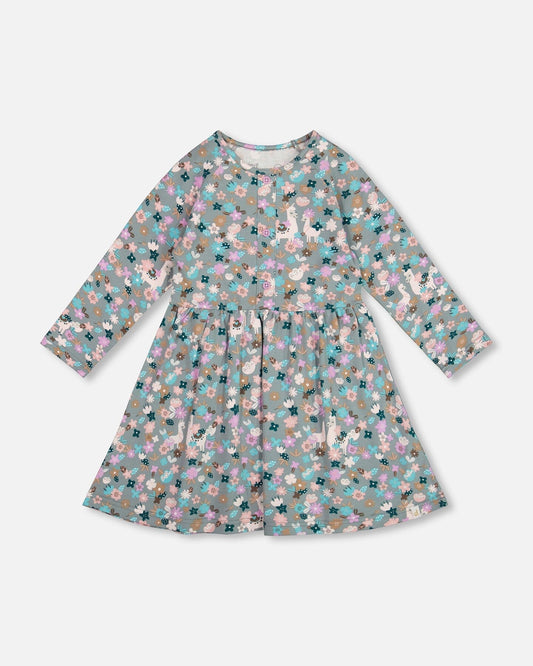 Half Button Organic Cotton Dress Blue Llama Print