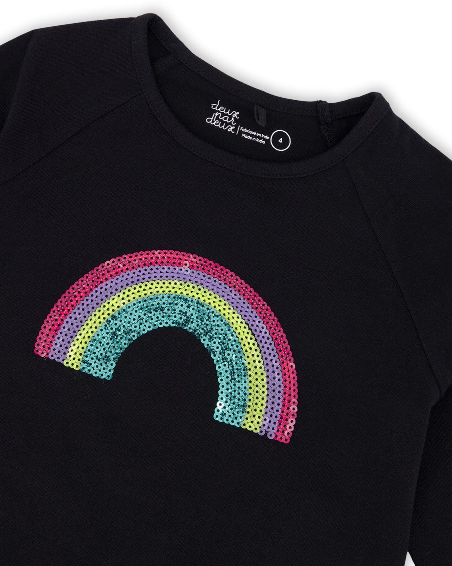 Organic Cotton Long Sleeve T-Shirt Black With Sequin Rainbow
