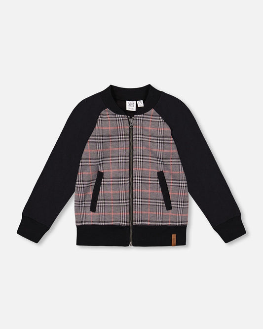 Bi-Material Zip Front Jacket Gray And Black Plaid
