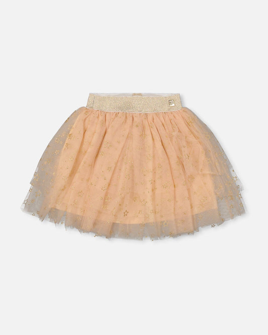 Multi Layer Glittering Mesh Skirt Beige