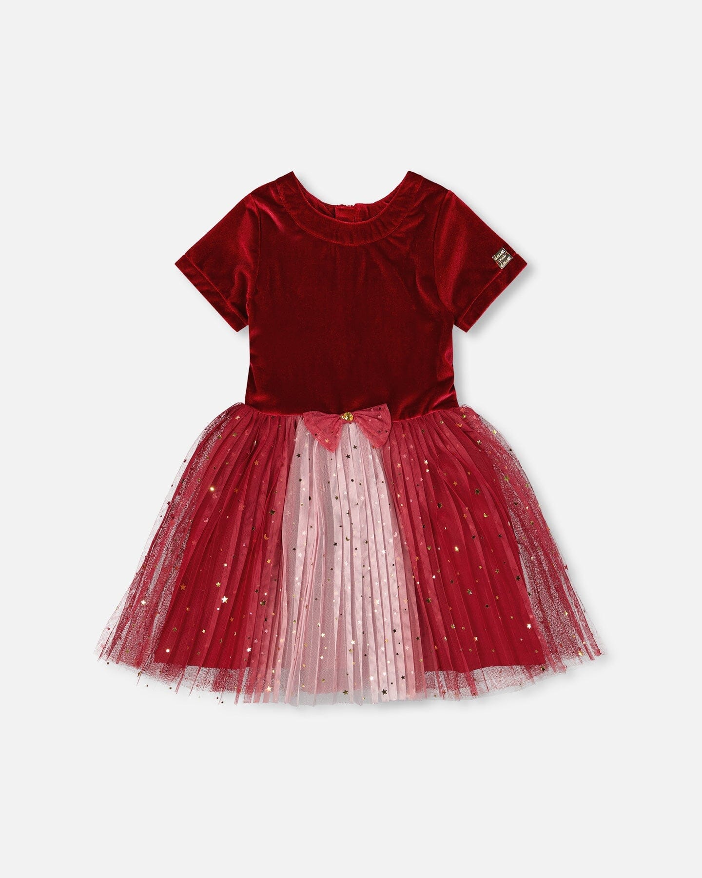 Bi-Material Short Sleeve Party Dress Red