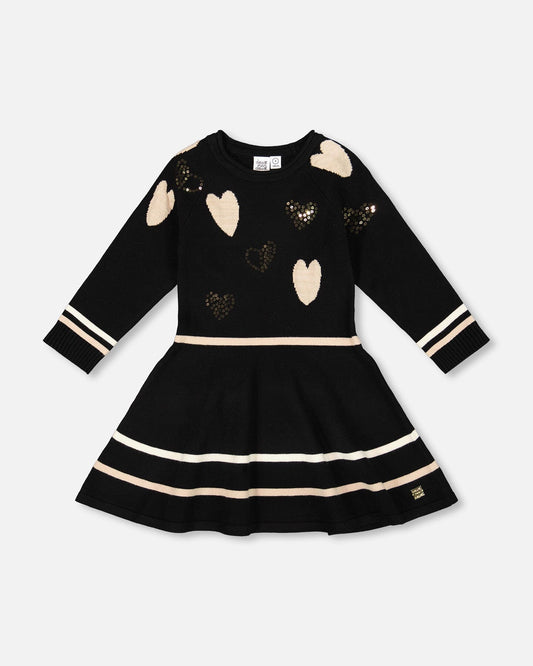 Knit Dress Black With Glittery Heart Motifs