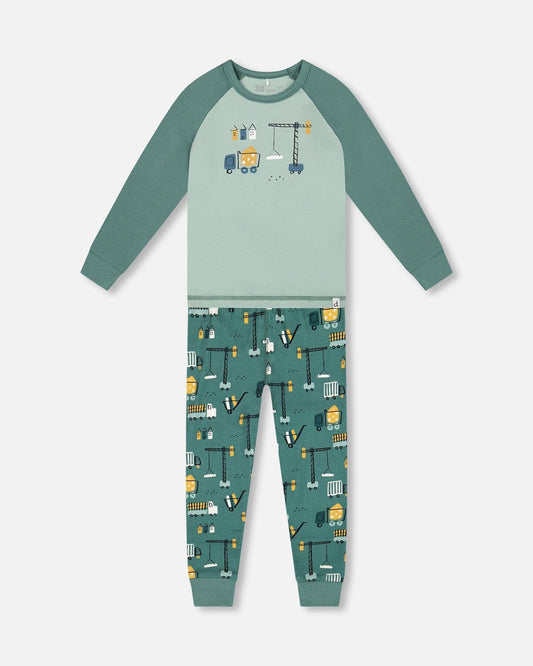 Two-Piece Organic Cotton Pajama Set Teal Construction Print