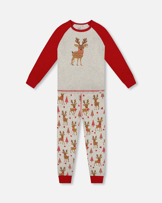 Organic Cotton Two-Piece Pajamas Beige Girly Reindeer Print